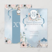 Cinderella Fairytale Elegant Blue Pink Quinceanera RSVP Kaartje (Voorkant / Achterkant)