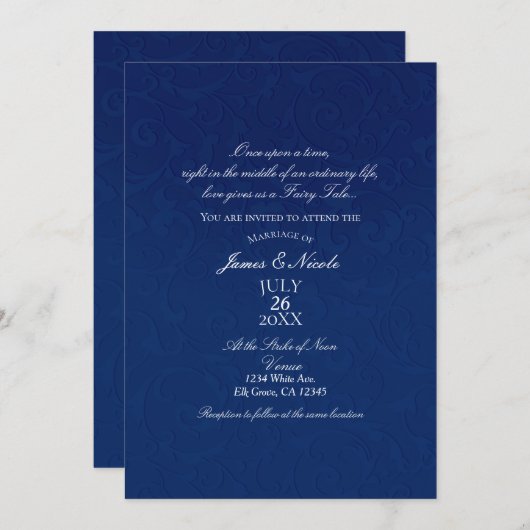 Cinderella Navy Blue Elegant Storybook Weddenschap Kaart (Voorkant / Achterkant)