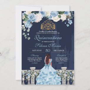 Cinderella Navy Blue Floral Princess Quinceañera Kaart