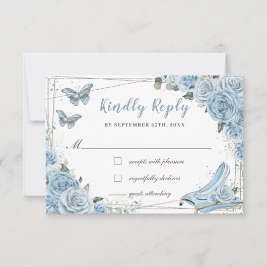Cinderella Princess Baby Blue Floral Quinceañera RSVP Kaartje (Voorkant)