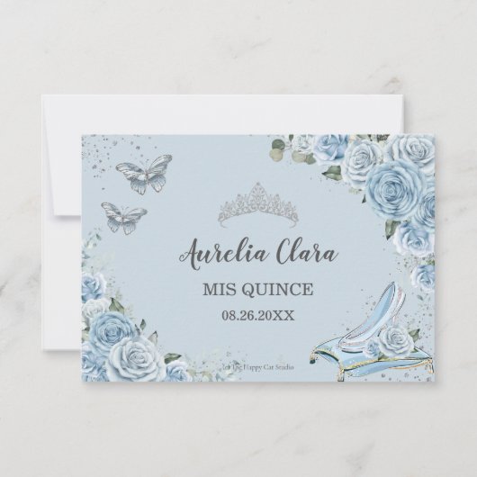 Cinderella Princess Baby Blue Floral Quinceañera RSVP Kaartje (Achterkant)