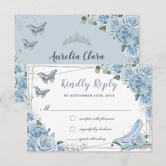Cinderella Princess Baby Blue Floral Quinceañera RSVP Kaartje (Voorkant / Achterkant)
