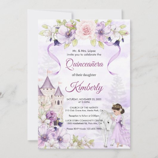Cinderella Purple Floral Princess Quinceanera Kaart (Voorkant)