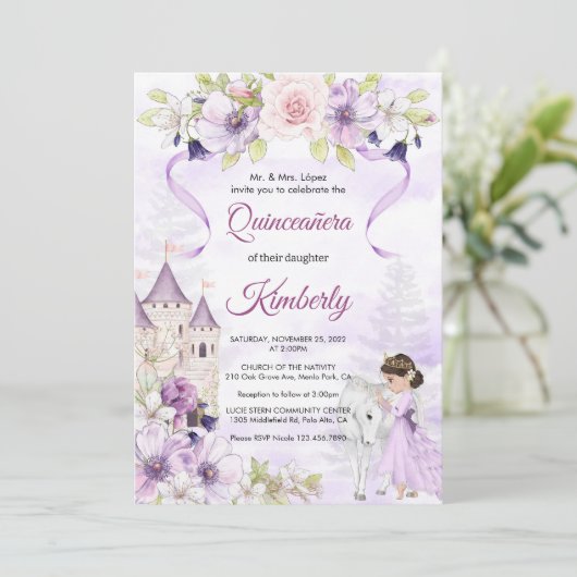 Cinderella Purple Floral Princess Quinceanera Kaart (Staand voorkant)