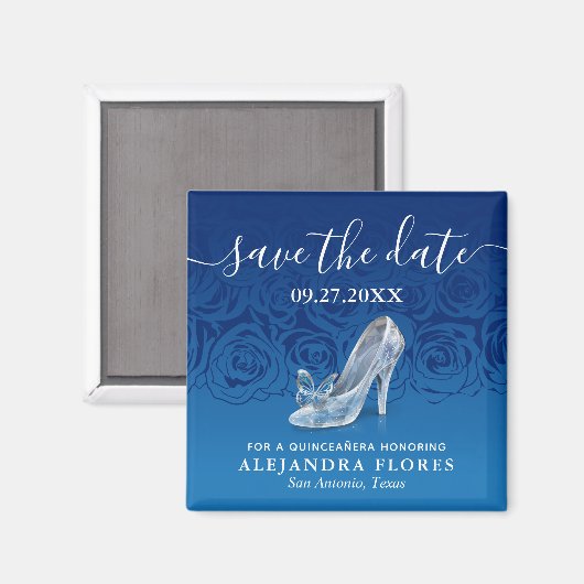 Cinderella Slipper Blue Quinceanera Save the Date Magneet (Voorkant / Achterkant)