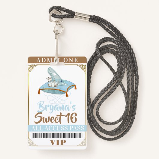 Cinderella Slipper Princess Sweet 16 VIP Pass Badge (Voorkant met draagriem)