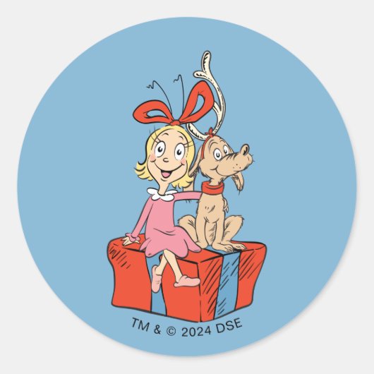 Cindy Lou Who and Max on a Present Ronde Sticker (Voorkant)