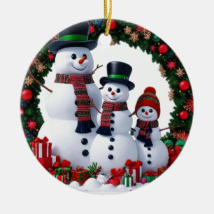 Cineastische Familie van 3 Sneeuwman Kerstkrans Keramisch Ornament