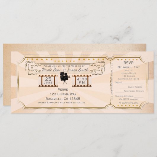  cinema Wedding Ticket Invitation & rsvp Kaart (Voorkant / Achterkant)