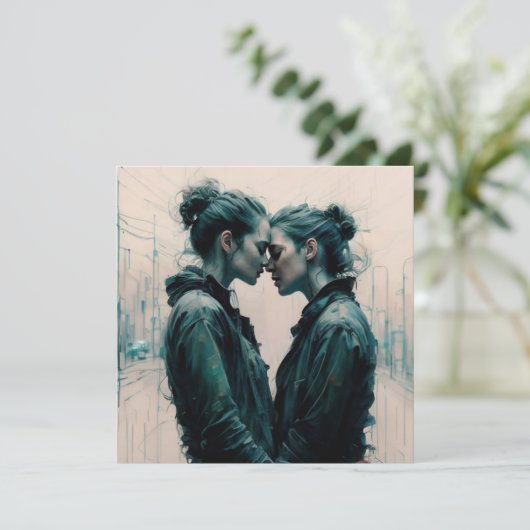 Cinematic Lesbisch Paar Scribbles Feestdagenkaart (Staand voorkant)
