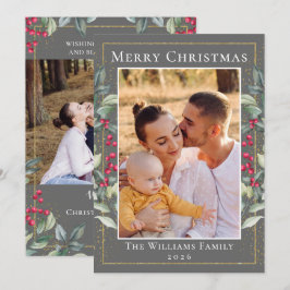 Cinereous Gold Kerstmis Holly Berries 2 Foto Feestdagenkaart