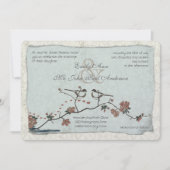 Cinnamon and Blue Love Bird Damask Wedding Invites Kaart (Voorkant)