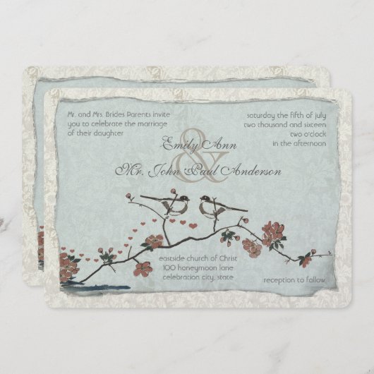 Cinnamon and Blue Love Bird Damask Wedding Invites Kaart (Voorkant / Achterkant)