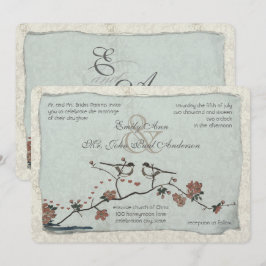 Cinnamon and Blue Love Bird Damask Wedding Invites Kaart