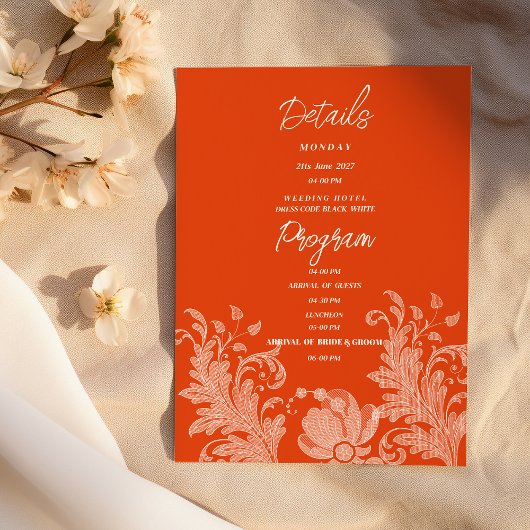 Cinnamon orange white floral lace Details Program Kaart