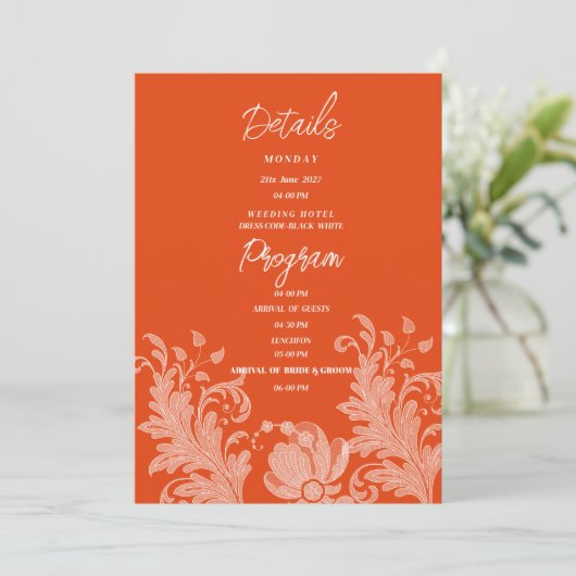 Cinnamon orange white floral lace Details Program Kaart (Staand voorkant)
