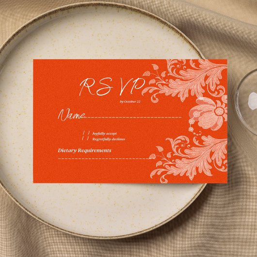 Cinnamon orange white floral lace RSVP Kaart