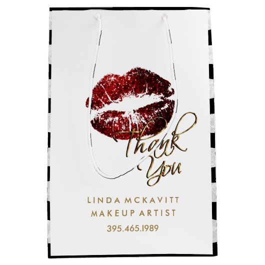 Cinnamon Red Glitter Lips & White Stripes Medium Cadeauzakje (Voorkant)