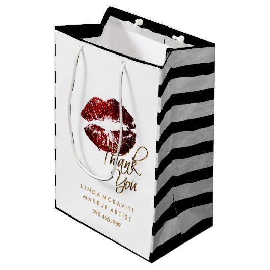 Cinnamon Red Glitter Lips & White Stripes Medium Cadeauzakje (Voorkant Gekanteld)