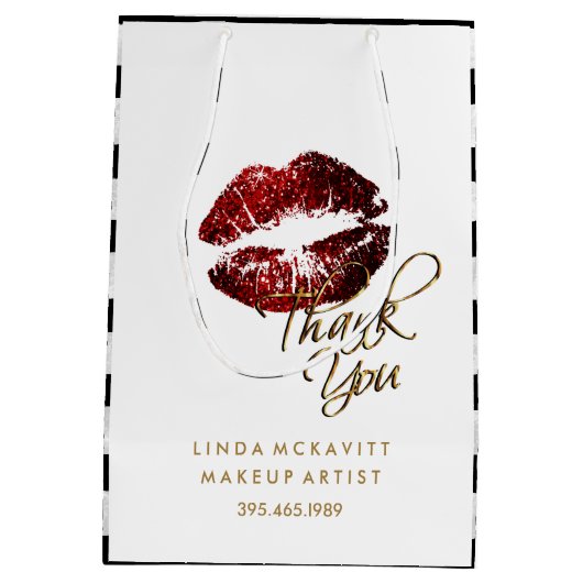 Cinnamon Red Glitter Lips & White Stripes Medium Cadeauzakje (Achterkant)