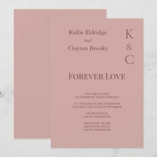 Cinnamon Roos Forever Love Wedding Invitation Kaart (Voorkant / Achterkant)