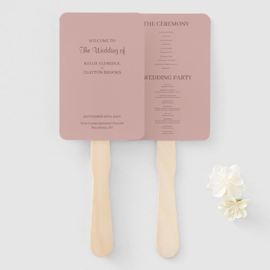 Cinnamon Roos Modern minimalist Wedding Programme Handwaaier (Voorkant en achterkant)