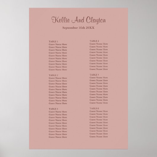 Cinnamon Roos Simple Wedding Seating Chart Poster (Voorkant)
