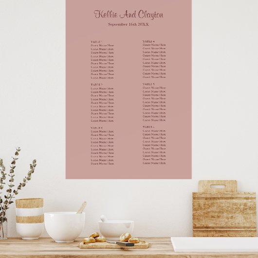 Cinnamon Roos Simple Wedding Seating Chart Poster (Keuken)