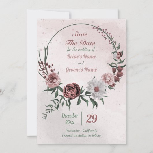 cinnamon roos witte florale spier save the date (Voorkant)