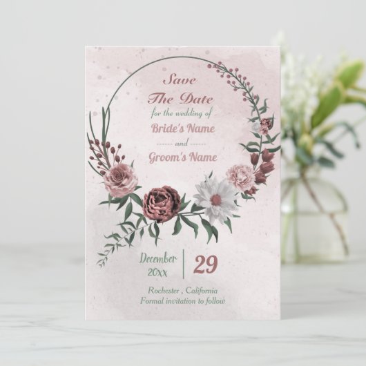 cinnamon roos witte florale spier save the date (Staand voorkant)