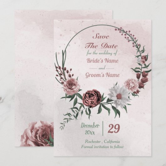 cinnamon roos witte florale spier save the date (Voorkant / Achterkant)