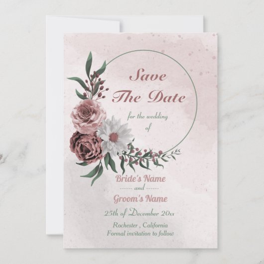 cinnamon roos witte florale spier save the date (Voorkant)