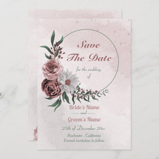 cinnamon roos witte florale spier save the date (Voorkant / Achterkant)