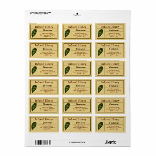 Cinnamon Spice Amber Gold Infused Honey Jar Etiket (Full Sheet)