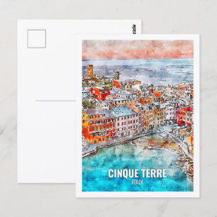 Cinque Terre Italië Beroemde Reisplaats Waterverf Briefkaart