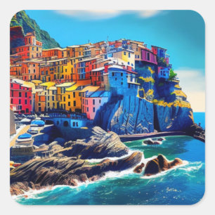 Cinque Terre, Italië olieverfschilderij stijl Vierkante Sticker