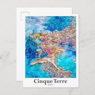 Cinque Terre Italië Reizen Waterverf Hand getekend Briefkaart