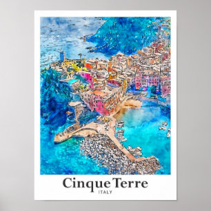 Cinque Terre Italië Reizen Waterverf Hand getekend Poster