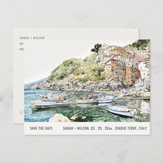 Cinque Terre Italy Zee Waterverf Save the Date Briefkaart (Voorkant / Achterkant)