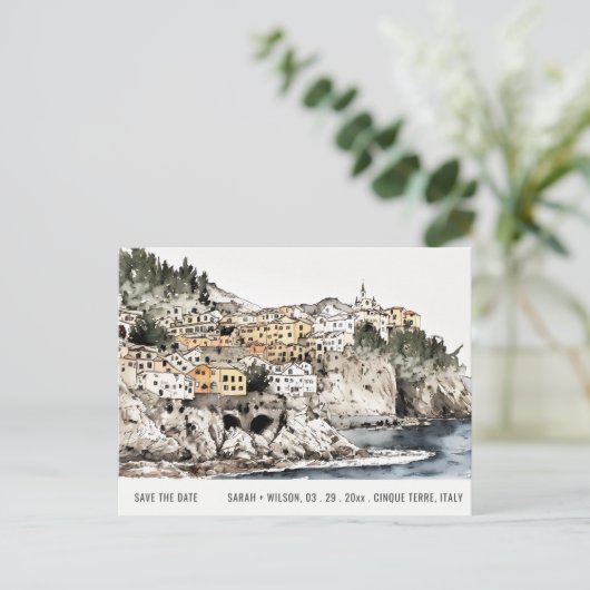 Cinque Terre Italy Zee Waterverf Save the Date Briefkaart (Staand voorkant)