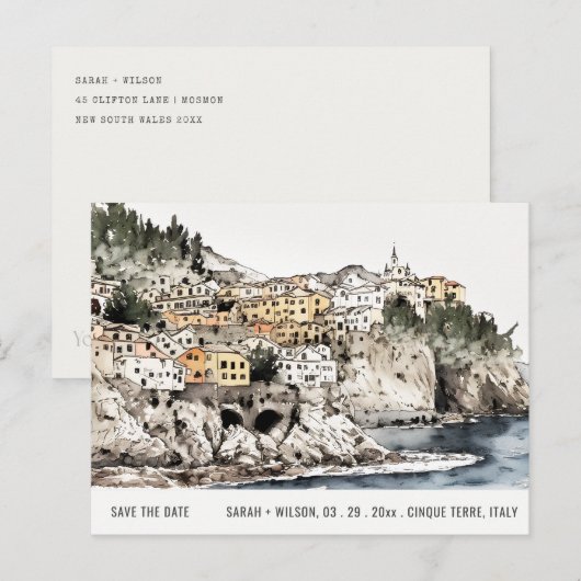 Cinque Terre Italy Zee Waterverf Save the Date Briefkaart (Voorkant / Achterkant)
