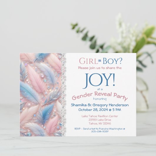 Cinsiyet Aankondiging Elegante Roze & Blauwe Veren (Staand voorkant)