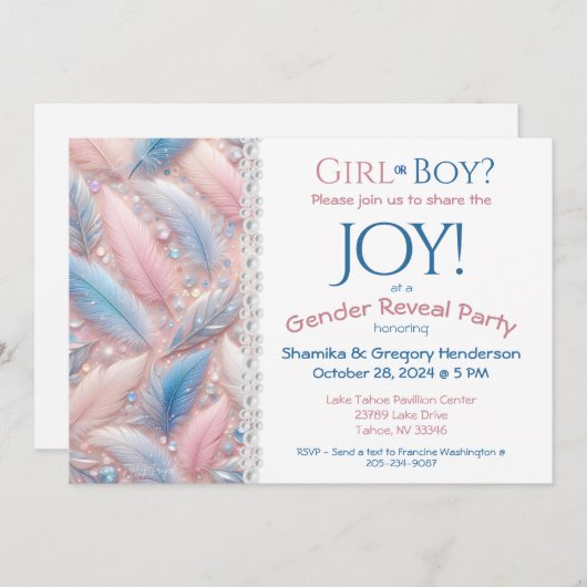 Cinsiyet Aankondiging Elegante Roze & Blauwe Veren (Voorkant / Achterkant)