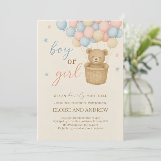 Cinsiyet Açıklaması Teddy Bear Sıcak Hava Balonu Kaart (Staand voorkant)