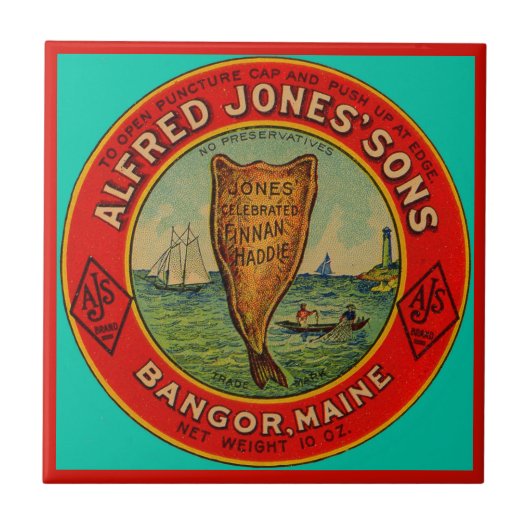 circa 1900 Alfred Jones Sons Finnan Haddie etiket Tegeltje (Voorkant)