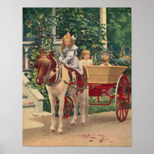 circa 1910 kinderen en door paarden getrokken karr poster