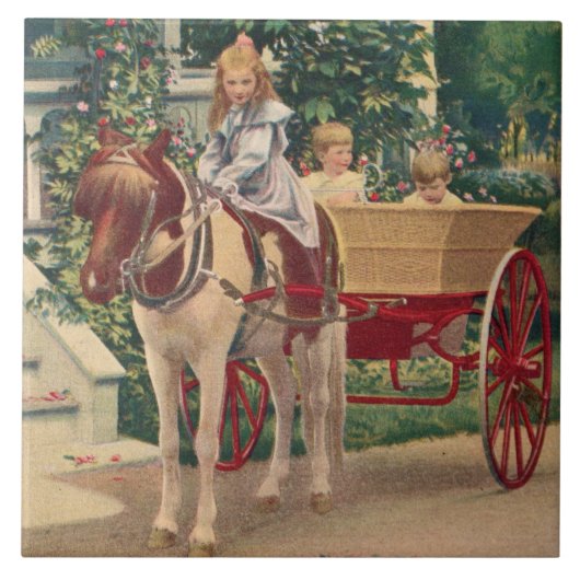 circa 1910 kinderen en door paarden getrokken karr tegeltje (Voorkant)
