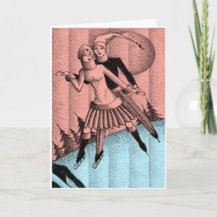 Circa 1930 Art Deco Vakantie Schaatsen Tekening Feestdagen Kaart
