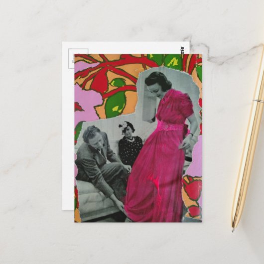 circa 1939 Pyjama Model Dame Mixed Media Collage Briefkaart (Voorkant / Achterkant in situ)