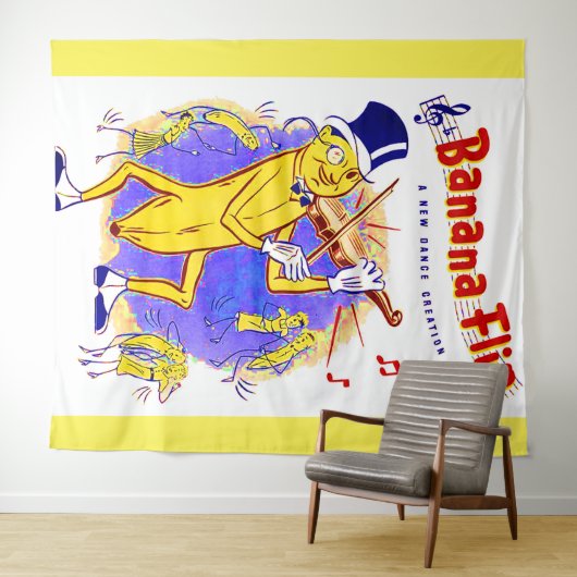 circa 1950 muziekprint van banaanspiegels wandkleed (In Situ (horizontaal))